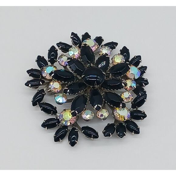 Amazing Bold Black Navette Prong Set Round Aurora Borealis Rhinestone Brooch Vtg - Picture 3 of 11
